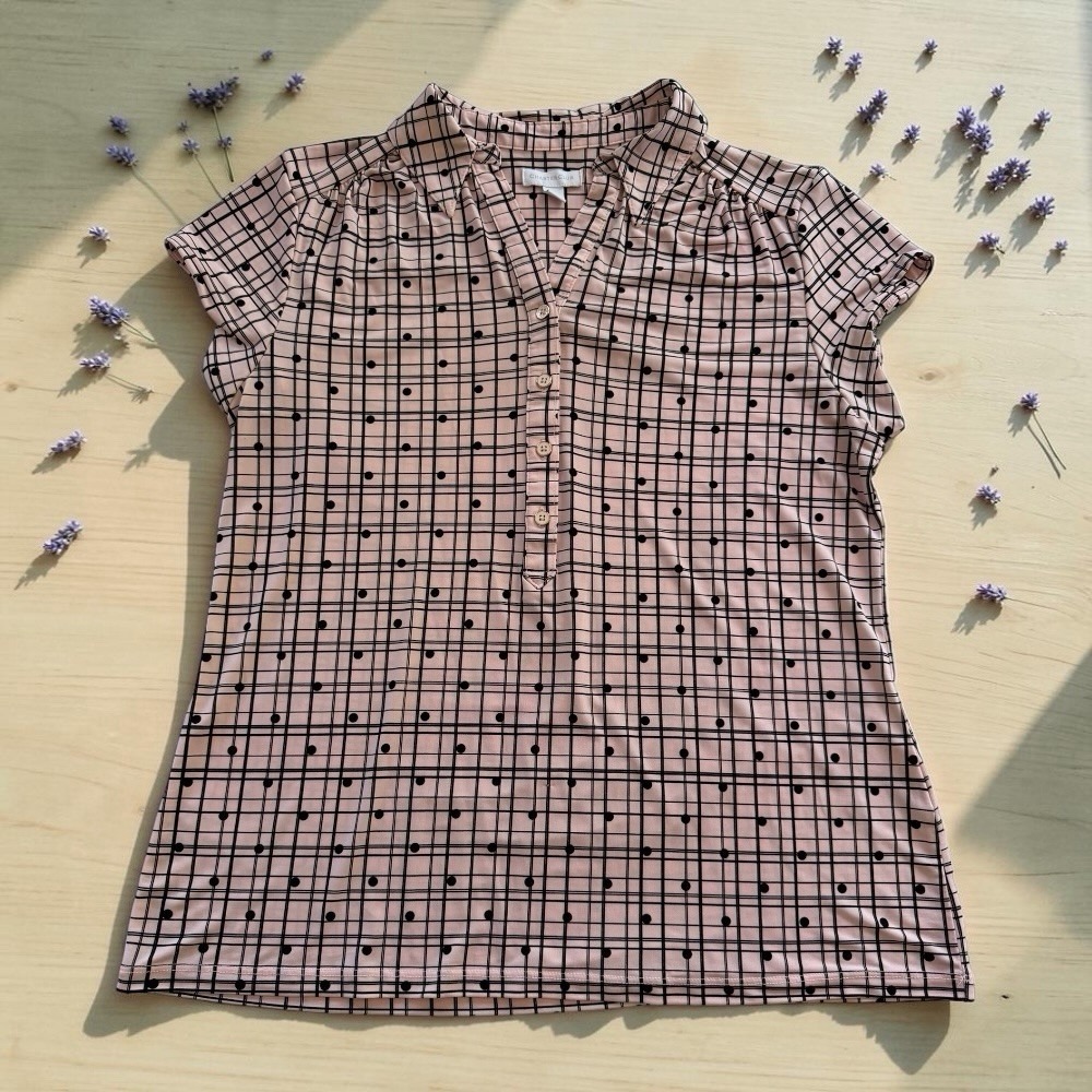 Charter Club Pink Black Plaid Polka Dot Cap Sleeve Blouse Top Womens‎ L